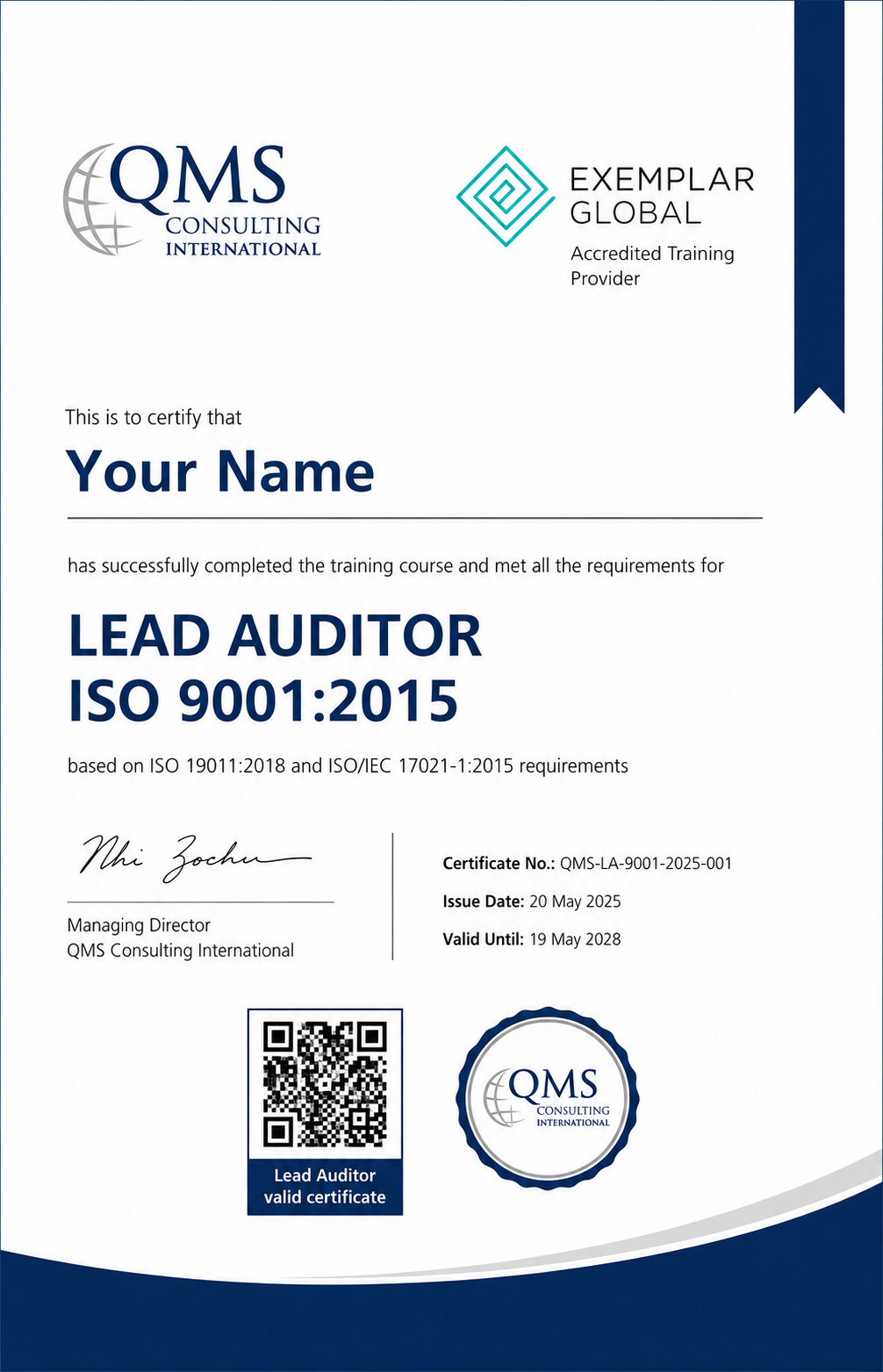 Certificat Lead Auditor (Auditor Șef) ISO acreditat Exemplar Global, emis de QMS Consulting International pentru programe de formare în auditul sistemelor de management ISO